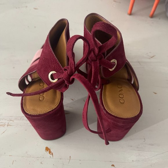 Coach Minetta Color Block Suede Heels Pink Burgundy Block Heel Ankle Tie Sz 8.5 - Picture 9 of 9